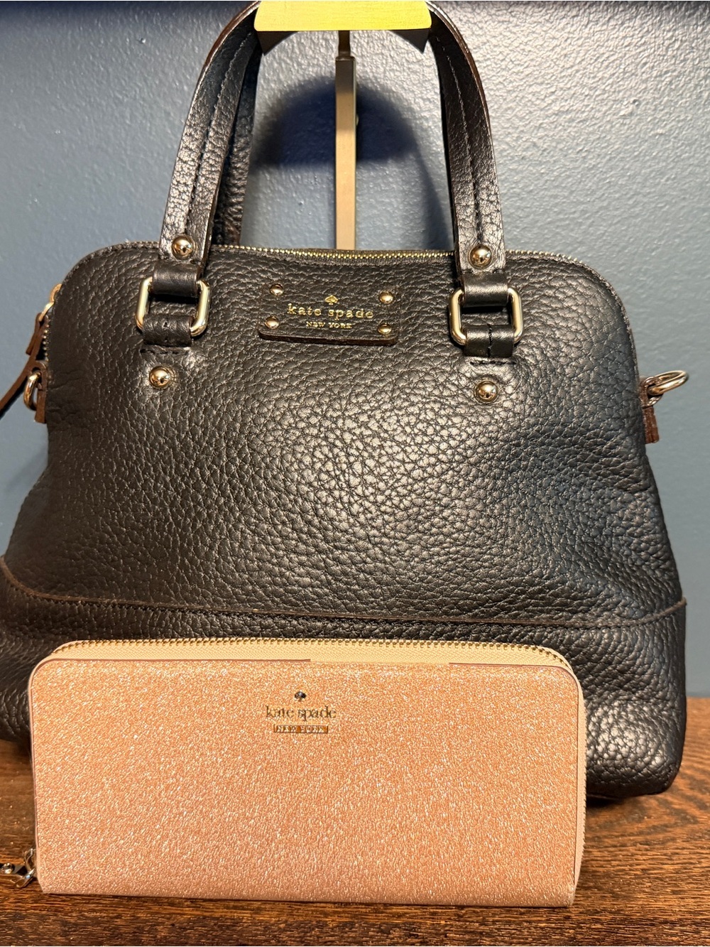 kate spade Black Pebbled Leather Satchel with Blush Sparkle Wallet